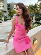 Deryn | Pink - Sheath Satin Square Neck Flowers Short Homecoming Dresses