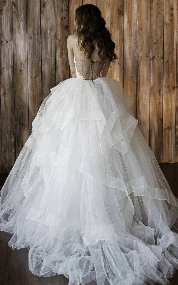 Detachable Floral Princess A-Line Boho Lace Wedding Dress Elegant Chic