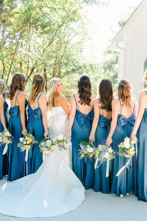 Simple Mermaid Spaghetti Straps Blue Long Bridesmaid Dresses with Bow Back - KissProm