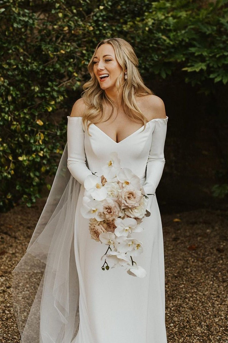 Simple A-Line Off The Shoulder Long Sleeves White Satin Wedding Dresses Diamond White / Custom Size Simple A-Line Off The Shoulder Long Sleeves White Satin Wedding Dresses Diamond White / Custom Size