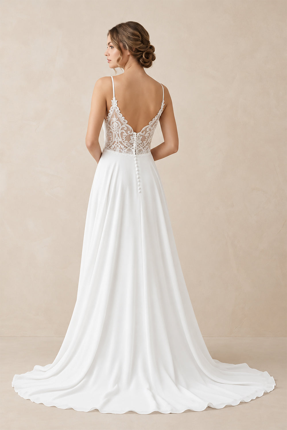 Diamond White A-line Spaghetti Straps Lace Appliques Simple Wedding Dress | KISSPROM