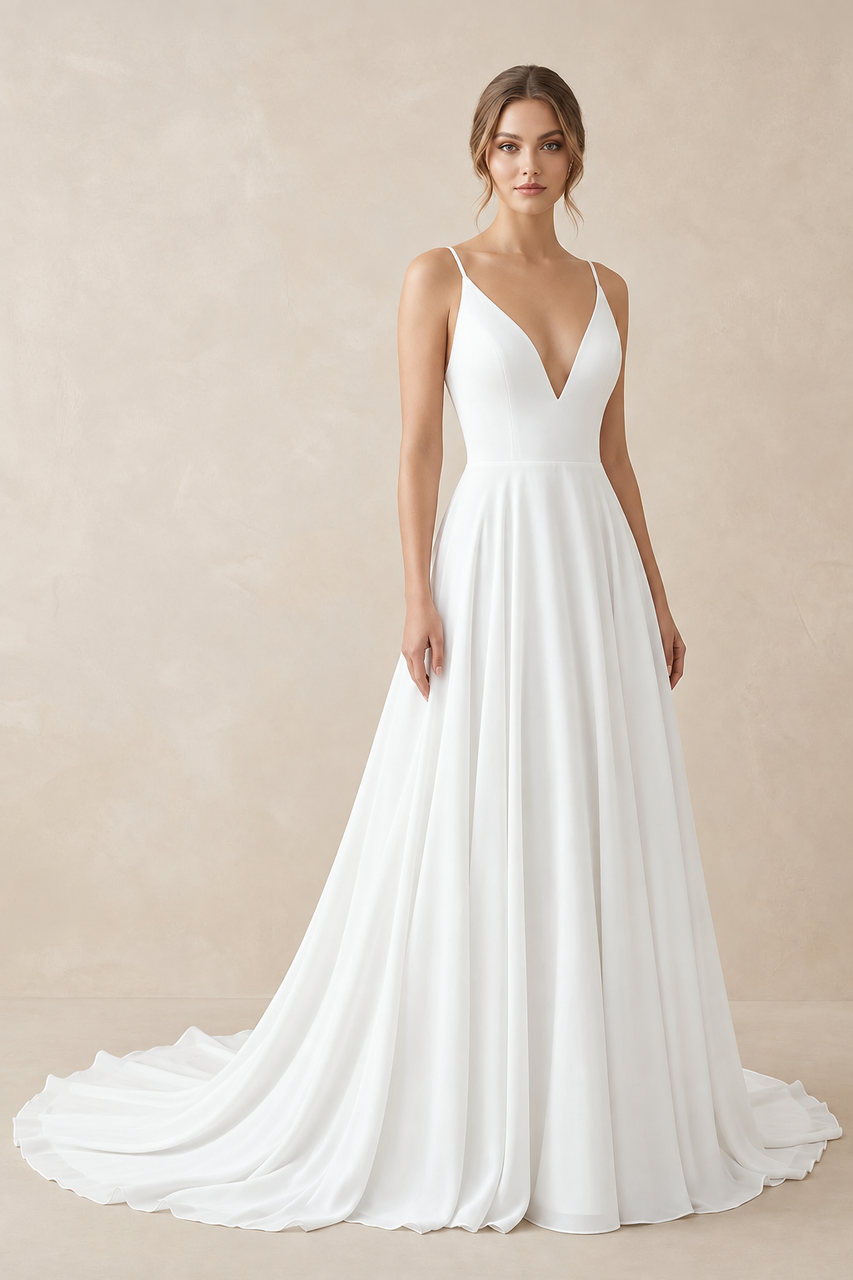 Diamond White A-line Spaghetti Straps Lace Appliques Simple Wedding Dress | KISSPROM