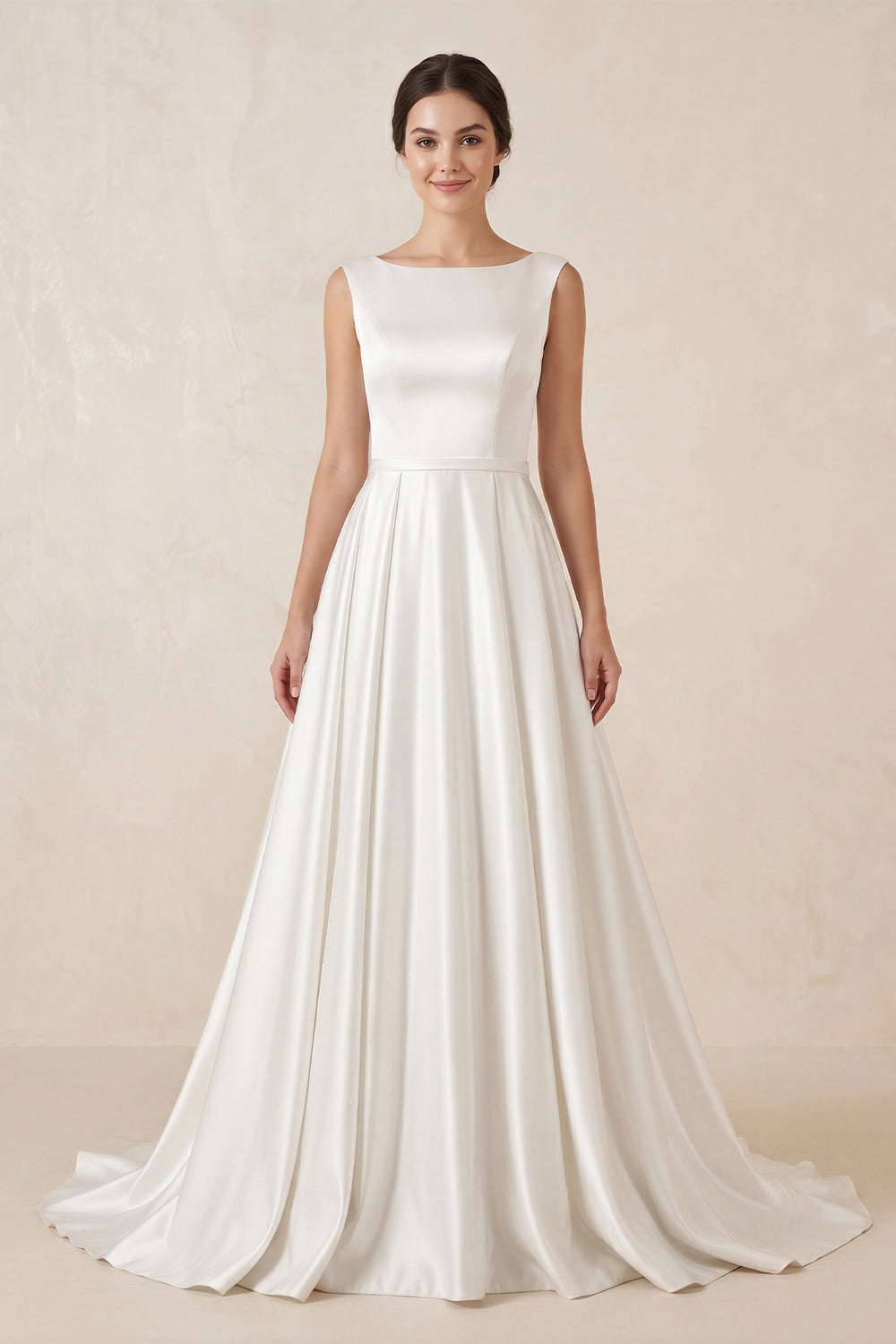 Pure White Satin Sleeveless Bridal Dresses with Pockets – Wedding Dresses by KissProm | Available at KissProm