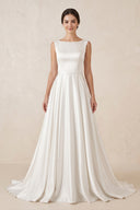 Pure White Satin Sleeveless Bridal Dresses with Pockets – Wedding Dresses by KissProm | Available at KissProm