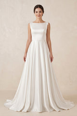 Pure White Satin Sleeveless Bridal Dresses with Pockets – Wedding Dresses by KissProm | Available at KissProm