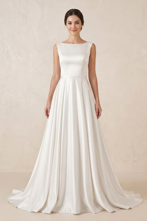 Pure White Satin Sleeveless Bridal Dresses with Pockets – Wedding Dresses by KissProm | Available at KissProm