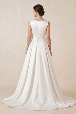 Pure White Satin Sleeveless Bridal Dresses with Pockets – Wedding Dresses by KissProm | Available at KissProm