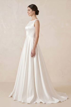 Pure White Satin Sleeveless Bridal Dresses with Pockets – Wedding Dresses by KissProm | Available at KissProm