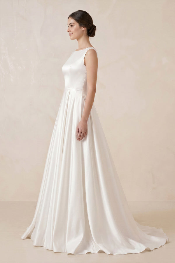 Pure White Satin Sleeveless Bridal Dresses with Pockets – Wedding Dresses by KissProm | Available at KissProm
