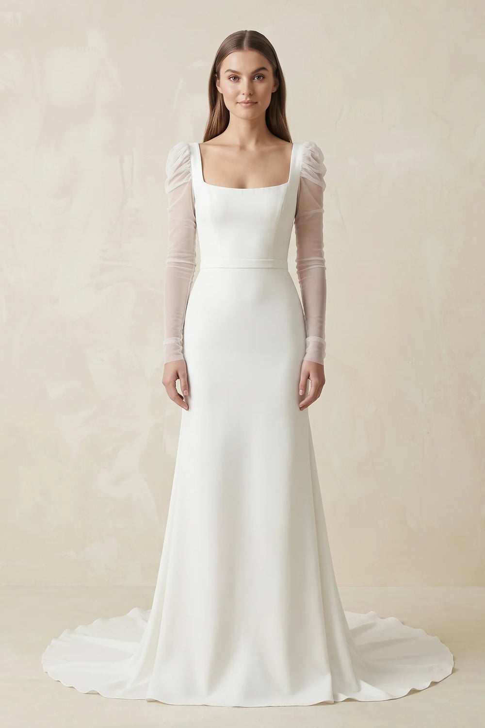 Diamond White Mermaid Square Neck Long Sleeves Satin Wedding Dresses | KISSPROM