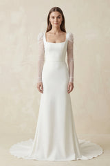 Diamond White Mermaid Square Neck Long Sleeves Satin Wedding Dresses | KISSPROM
