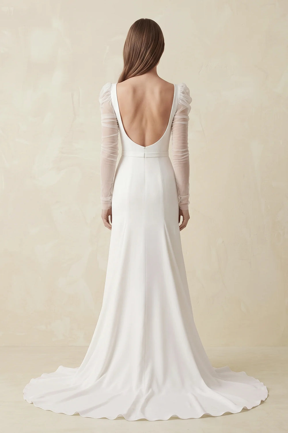 Diamond White Mermaid Square Neck Long Sleeves Satin Wedding Dresses | KISSPROM