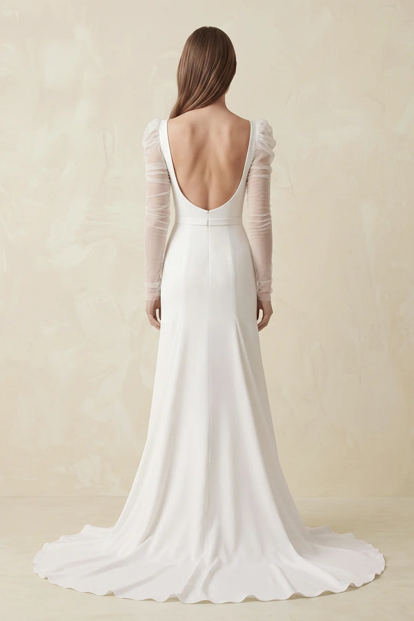 Diamond White Mermaid Square Neck Long Sleeves Satin Wedding Dresses | KISSPROM