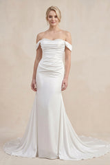 White Pearls Off-the-Shoulder Mermaid Long Wedding Dress - KissProm