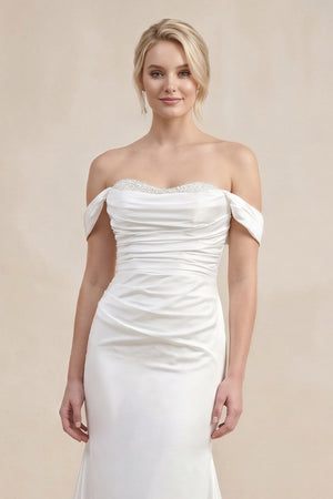 White Pearls Off-the-Shoulder Mermaid Long Wedding Dress - KissProm