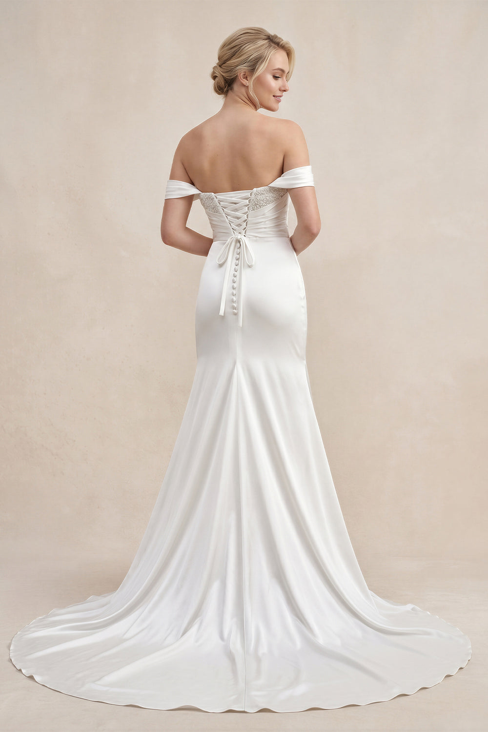 White Pearls Off-the-Shoulder Mermaid Long Wedding Dress - KissProm