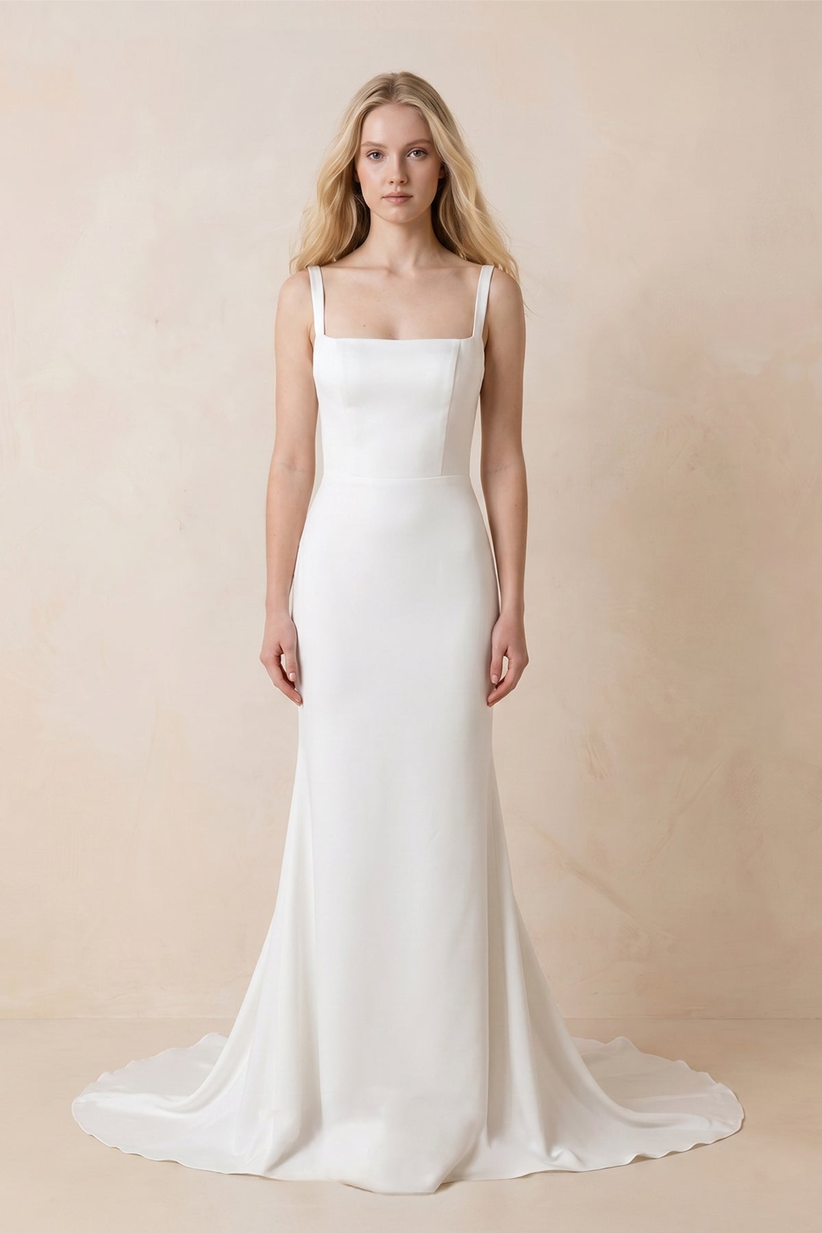 KissProm Simple Mermaid Square Neck Satin Wedding Dresses, Diamond White / 8