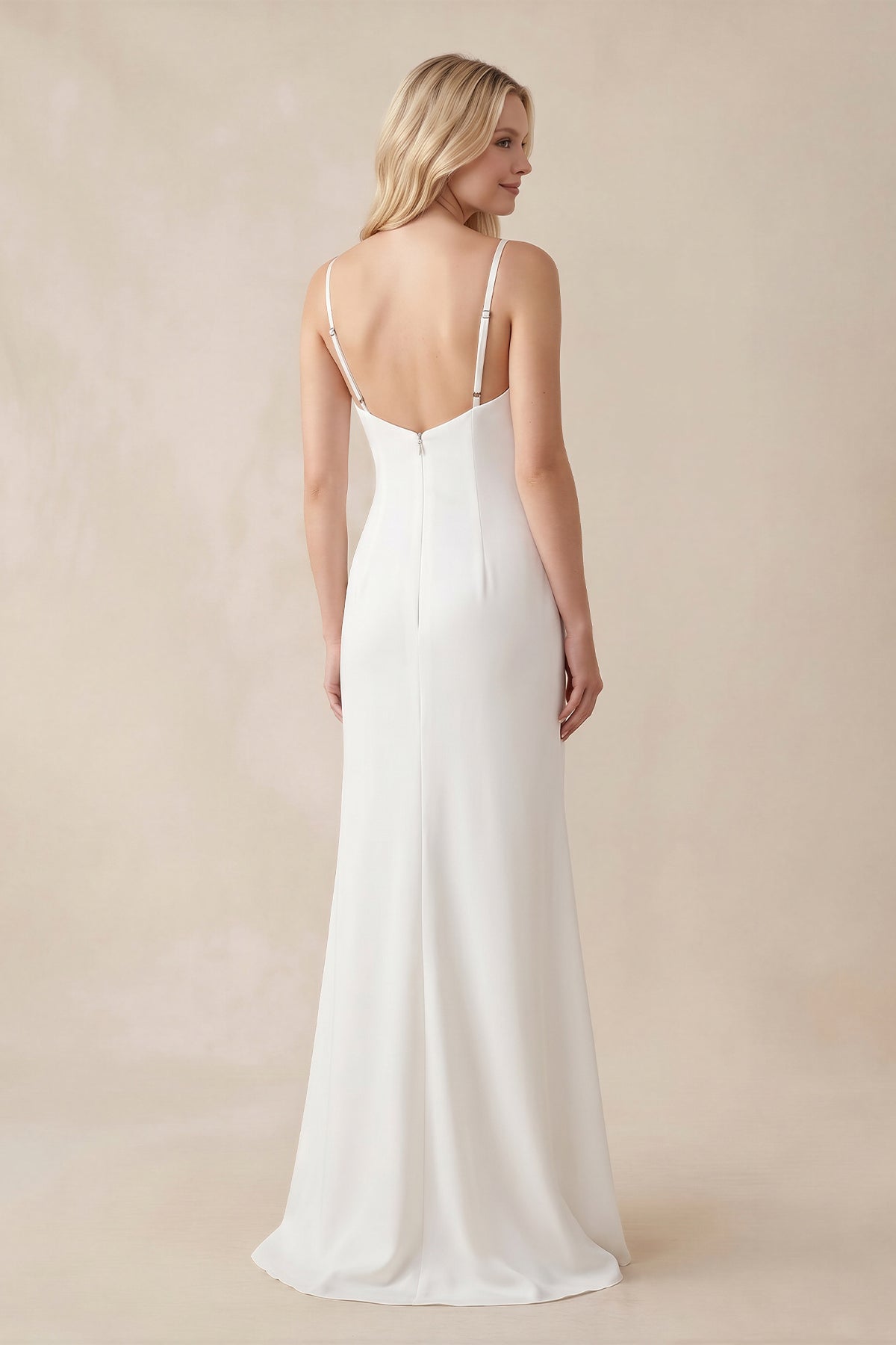 KissProm Spaghetti Straps V-neck Simple Beach Wedding Dress, Diamond White / 8