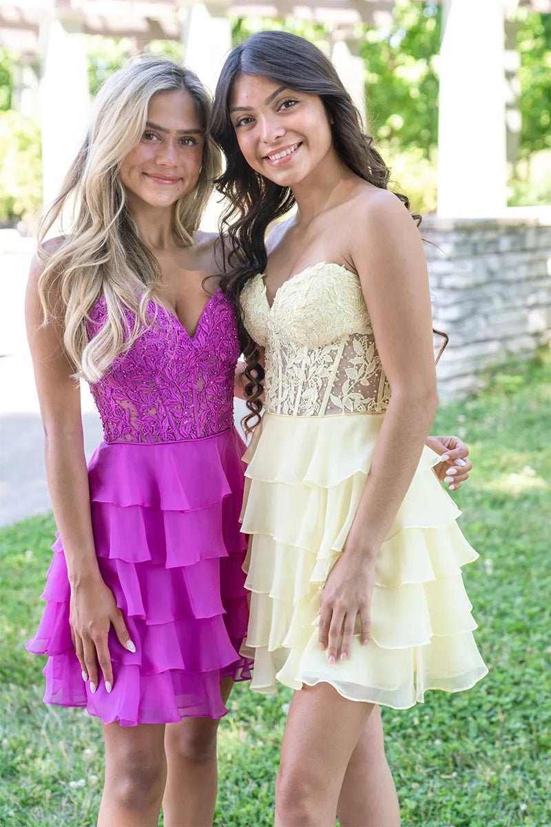 Purple A-Line Strapless Tiered Corset Short Homecoming Dress with Appliques - KISSPROM