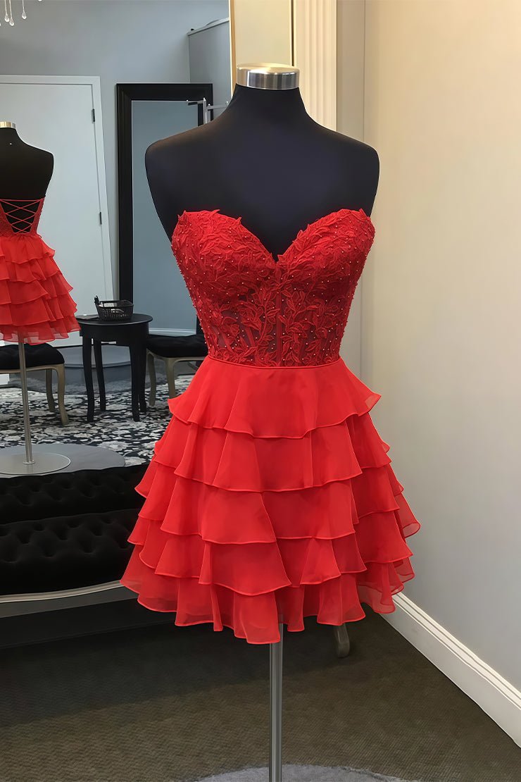 A-Line Strapless Tiered Corset Short Homecoming Dress with Appliques