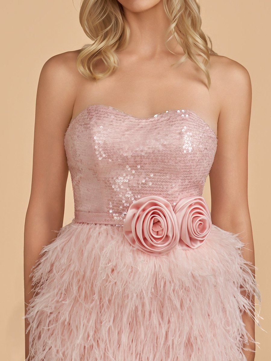Dilys | Pink - Bodycon Strapless Short Homecoming Dress with Feathers