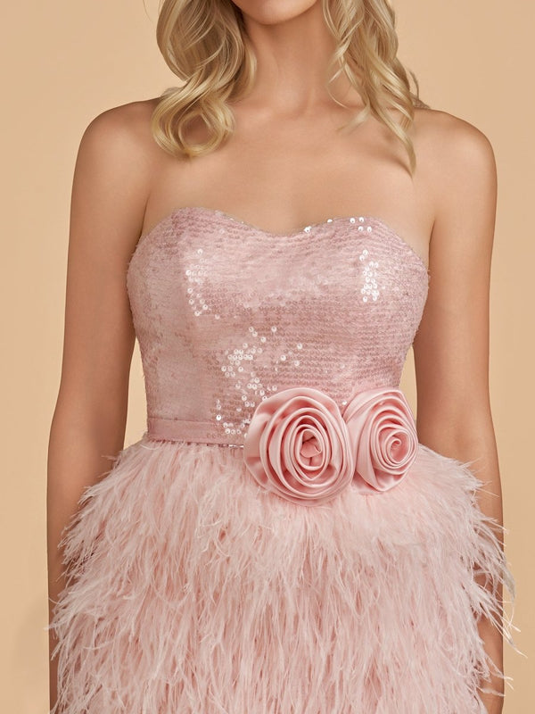 Dilys | Pink - Bodycon Strapless Short Homecoming Dress with Feathers
