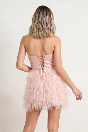 Pink - Bodycon Strapless Sequin Mini Party Dresses with Feathers