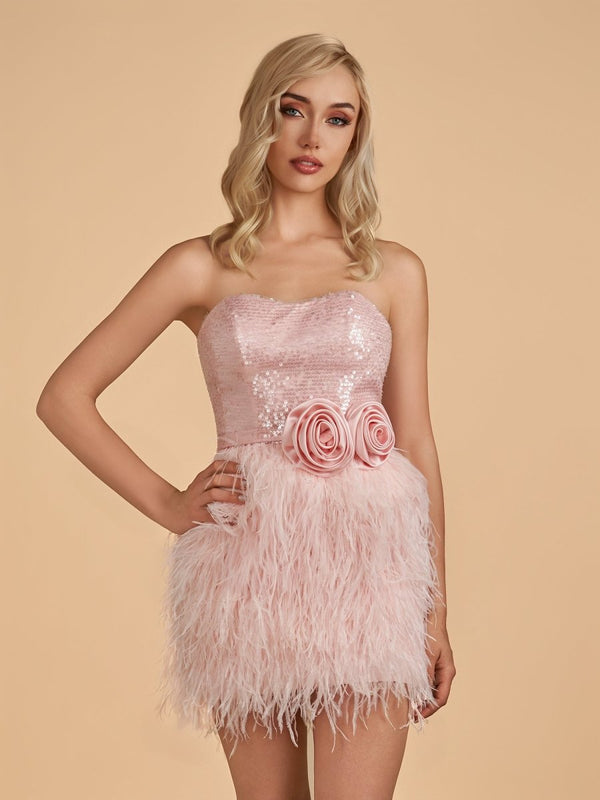 Dilys | Pink - Bodycon Strapless Short Homecoming Dress with Feathers