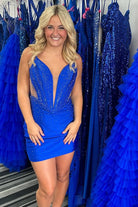 Dilysse | Royal Blue - V Neck Satin Short Homecoming Dresses With Beading