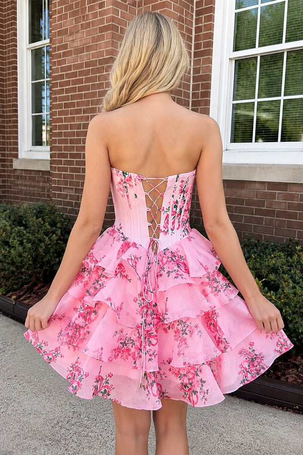 KissProm Pink A Line Sweetheart Floral Chiffon Corset Ruffled Homecoming Dresses, Pink / 0