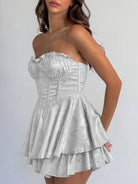 Dione | Silver - A Line Sweetheart Corset Ruffles Short Homecoming Dresses - KissProm