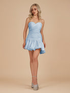 Diopside | Sky Blue - Strapless A-Line Satin Balloon Draped Homecoming Dress