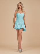Diopside | Aqua - Strapless A-Line Satin Balloon Draped Homecoming Dress