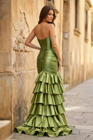 Mermaid Sweetheart Satin Ruffle Long Prom Dress With Split - KISSPROM PROM DRESSES