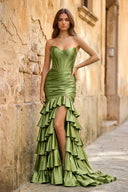 Mermaid Sweetheart Satin Ruffle Long Prom Dress With Split - KISSPROM PROM DRESSES