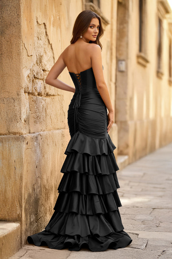 Mermaid Sweetheart Satin Ruffle Long Prom Dress With Split - KISSPROM PROM DRESSES