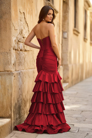 Mermaid Sweetheart Satin Ruffle Long Prom Dress With Split - KISSPROM PROM DRESSES