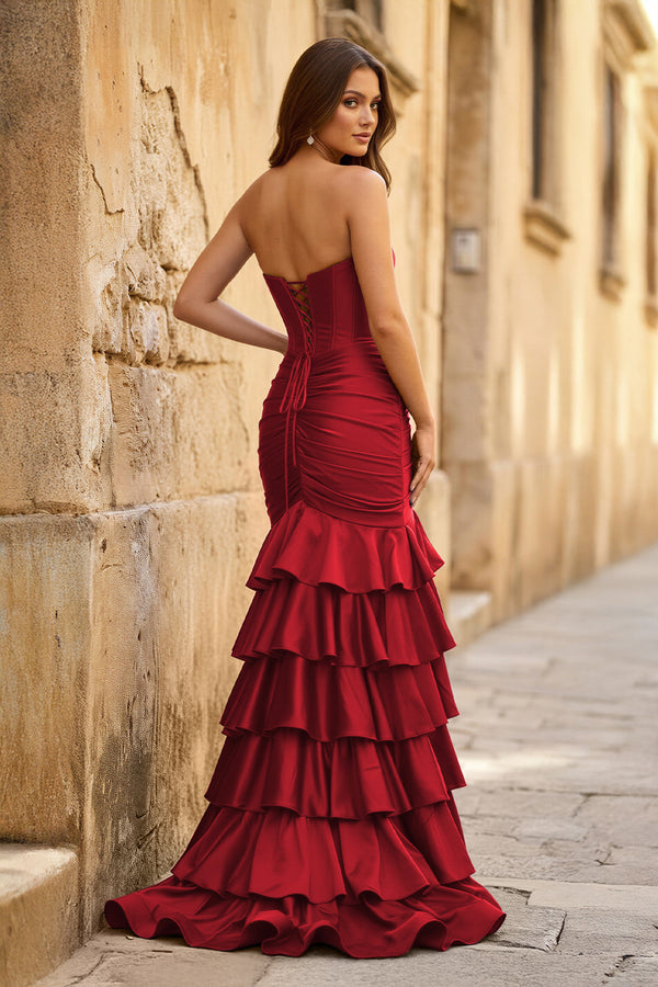 Mermaid Sweetheart Satin Ruffle Long Prom Dress With Split - KISSPROM PROM DRESSES
