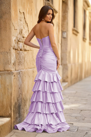 Mermaid Sweetheart Satin Ruffle Long Prom Dress With Split - KISSPROM PROM DRESSES