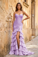Mermaid Sweetheart Satin Ruffle Long Prom Dress With Split - KISSPROM PROM DRESSES