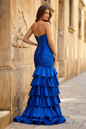 Mermaid Strapless Satin Ruffle Long Prom Dress With Split - KissProm