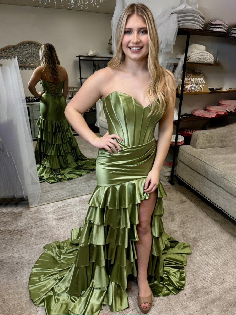 Mermaid Sweetheart Satin Ruffle Long Prom Dress With Split