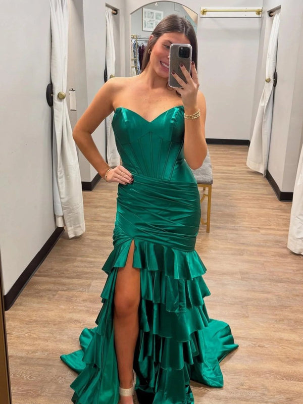 Diya | Mermaid Strapless Satin Ruffle Long Prom Dress With Split