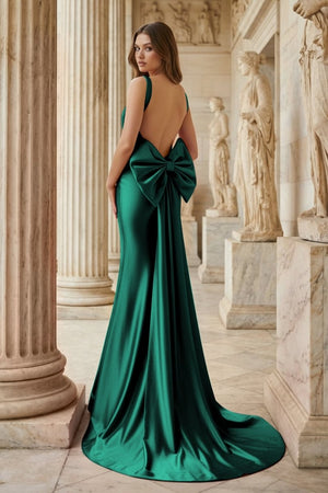 Fuchsia Square Neck Satin Mermaid Formal Gown with Bow - KissProm