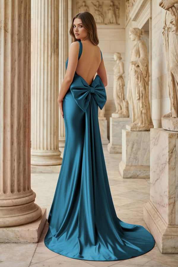 Fuchsia Square Neck Satin Mermaid Formal Gown with Bow - KissProm