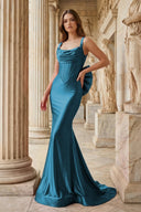 Fuchsia Square Neck Satin Mermaid Formal Gown with Bow - KissProm