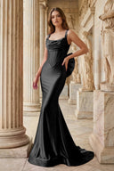 Fuchsia Square Neck Satin Mermaid Formal Gown with Bow - KissProm