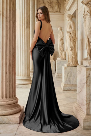Fuchsia Square Neck Satin Mermaid Formal Gown with Bow - KissProm