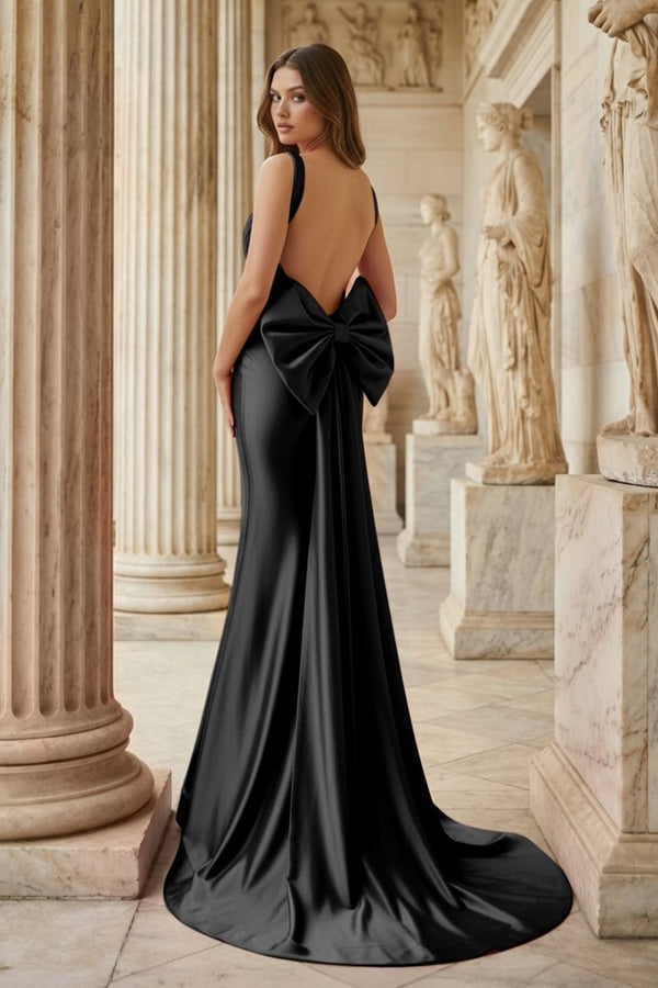 Fuchsia Square Neck Satin Mermaid Formal Gown with Bow - KissProm