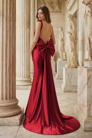 Fuchsia Square Neck Satin Mermaid Formal Gown with Bow - KissProm